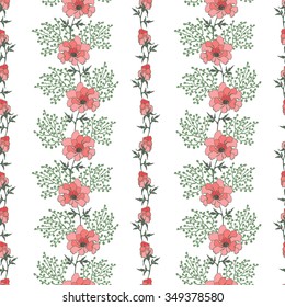 Floral seamless pattern with vertical strips of flower bouquets. Pink peony flowers with green floral elements.