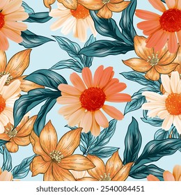 Floral seamless pattern of vibrant and tropical colorful flowers in shades of orange and blue, along with lush green leaves on a light blue background