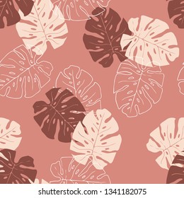 Floral seamless pattern, vinous and nude split-leaf Philodendron plant on pink background, hand drawn style