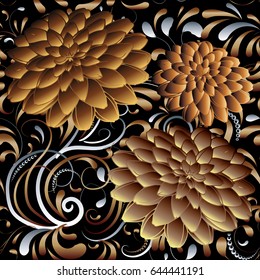 Floral  seamless pattern. Vintage black background wallpaper illustration with  gold 3d flowers, swirl curve leaves and beautiful modern ornaments. Vector surface texture for fabric, textile, prints.