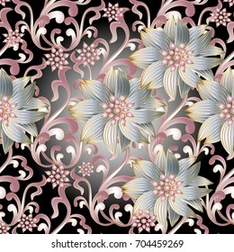 Floral seamless pattern. Vintage black modern background wallpaper illustration with white abstract 3d flowers, pink scroll leaves and antique ornament in Baroque victorian style.Vector luxury texture