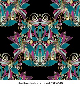 Floral seamless pattern. Vintage damask background. Luxury wallpaper illustration with  colorful 3d paisley flowers, swirl curve leaves and beautiful modern hand drawn ornament. Vector surface texture