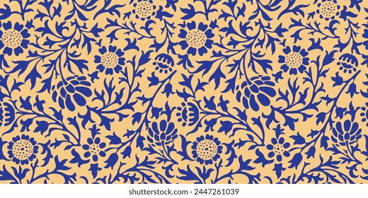 Floral seamless pattern, vintage decorative flowers, twigs,silhouette, daisy, leaves, purple, vector yellow background, fabric,textile,wallpaper,paper