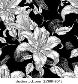 Floral seamless pattern of vintage delicate lilies, leaves and vines  drawn in a detailed creating a flowing and elegant design on a black background