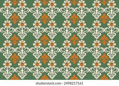 Floral seamless pattern with a vintage feel featuring hearts and geometric shapes in pink and retro colors, perfect for wallpaper or fabric design,for textiles,wallpaper, clothing, sarong, vector.