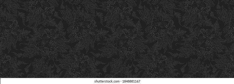 Floral seamless pattern vintage grey flowers  lily, lilies,  isolated on black background, vector illustration