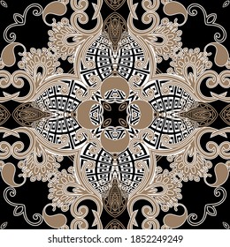 Patrón floral sin fisuras. Vintage estampado en el fondo griego. Flores de paisajes de estilo étnico vectorial con líneas giratorias. Repetir el adorno de encaje colorido. Decoración decorativa. Llave griega, serpenteantes. Mandala