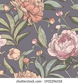 Floral seamless pattern. Vintage peony background. Hand drawn vector illustration. 