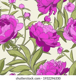 Floral seamless pattern. Vintage peony background. Hand drawn vector illustration.