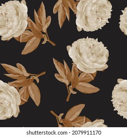 Floral seamless pattern. Vintage peony background. Hand drawn flowers illustration, black background. Perfect for print, textile, cards and apparel.