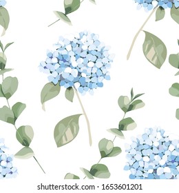 Floral seamless pattern. Vintage print with blue hortensia flowers and eucalyptus branches. Vector illustration. Watercolor style