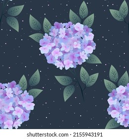 Floral seamless pattern. Vintage print with purple hydrangea flowers. Vector illustration.