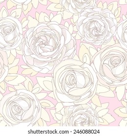 Floral seamless pattern. Vintage rose wallpaper. Detailed flowers, buds and petals. Neutral background, delicate pattern. Pale pink background with a delicate flowers in neutral pastel colors.