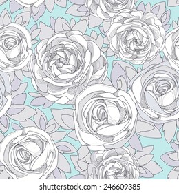 Floral seamless pattern. Vintage rose wallpaper. Detailed white flowers, buds and petals. Neutral background, botanical rose. Pale turquoise background with flowers in neutral pastel colors.
