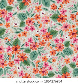 Floral seamless pattern. Vintage small flowers and leaves background in pastel colors. Print for textile, home decor, wallpaper, gift wrap.