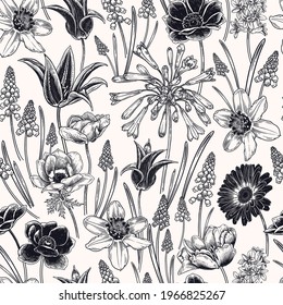 Floral seamless pattern. Vintage spring background. Vector illustration art. Lovely flowers. Black white cover. Botanical ornament. Tulips daffodils anemones primroses. For wallpaper, paper, textiles.