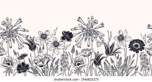 Floral seamless pattern. Vintage spring border. Vector illustration art. Lovely flowers. Black and white cover. Botanical ornament. Tulips, daffodils anemones primroses. For wallpaper, paper, textiles