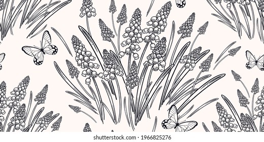 Floral seamless pattern. Vintage spring background. Vector illustration art. Lovely flowers and Floral seamless pattern. Vintage spring background. Vector illustration art. Lovely flowers. Black white