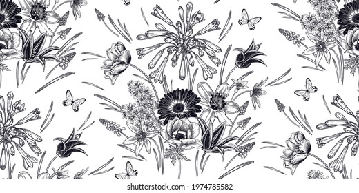 Floral seamless pattern. Vintage spring background. Vector illustration. Lovely flowers and butterfly. Black and white. Bulbous primroses, snowdrops, tulips, anemone, daffodils, muscari, jacinth