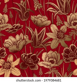 Floral seamless pattern. Vintage spring background. Vector illustration art. Lovely flowers. Red and gold foil. Botanical ornament. Tulips daffodils anemones primroses. For wallpaper, paper, textiles.