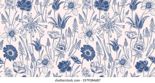 Floral seamless pattern. Vintage spring background. Vector illustration art. Lovely flowers. Blue white cover. Botanical ornament. Tulips daffodils anemones primroses. For wallpaper, paper, textiles.