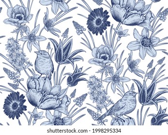 Patrón floral sin fisuras. Fondo de primavera vintage. Ilustración vectorial. Flores y pájaros encantadores. Azul y blanco. Cebollas, gotas de nieve, tulipanes, anémona, daffodils, moscari, jacinto.