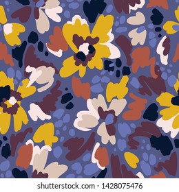 Floral seamless pattern in vintage style. Bright abstract flowers. Flower meadow. Multicolor brush strokes and brush spots. Simple botanical background. Flat design. Good for fashion, textile, fabric.