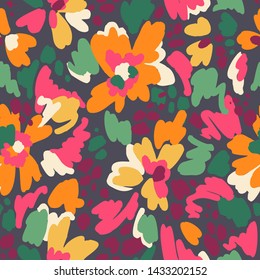 Floral seamless pattern in vintage style. Bright abstract flowers. Flower meadow. Multicolor brush strokes and brush spots. Simple botanical background. Flat design. Good for fashion, textile, fabric.