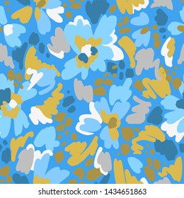 Floral seamless pattern in vintage style. Bright abstract flowers. Flower meadow. Multicolor brush strokes and brush spots. Simple botanical background. Flat design. Good for fashion, textile, fabric.