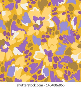 Floral seamless pattern in vintage style. Bright abstract flowers. Flower meadow. Multicolor brush strokes and brush spots. Simple botanical background. Flat design. Good for fashion, textile, fabric.