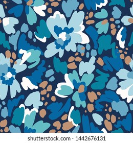 Floral seamless pattern in vintage style. Bright abstract flowers. Flower meadow. Multicolor brush strokes and brush spots. Simple botanical background. Flat design. Good for fashion, textile, fabric.
