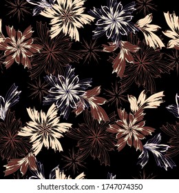 Floral seamless pattern in vintage style. Elegant contour flowers on a brown background for fabric, dress texture, embroidery.