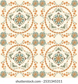 Floral seamless pattern with vintage style and ornate design, featuring decorative flowers and intricate elements perfect for wallpaper or fabric.