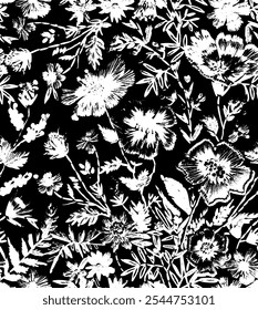 Floral seamless pattern in vintage style. Vector botanical illustration. Black and white. Vintage seamless floral pattern. Spring flowers and herbs. Botanical vector illustration.