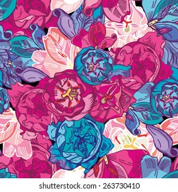 Floral seamless pattern in vintage style in bright colors.
