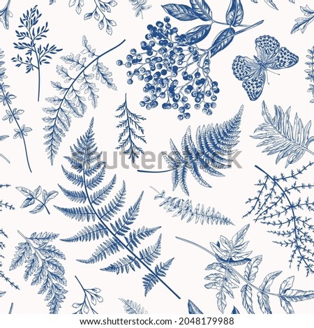 Floral seamless pattern in vintage style. Various leaves of ferns, berry and butterfly. Vector botanical illustration. Blue.