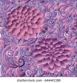 Floral  seamless pattern. Vintage violet  background. Luxury light wallpaper illustration with  pink lilac purple 3d flowers, swirl curve leaves and beautiful modern ornaments. Vector surface texture.