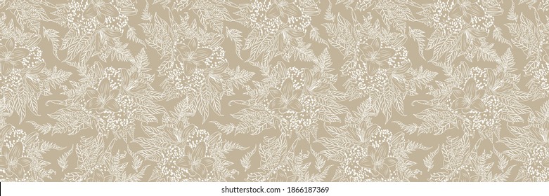 floral seamless pattern vintage white lily, isolated on beige background, vector illustration