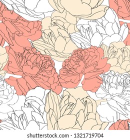 Floral seamless pattern. Vintage yellow and orange background with outline hand drawn rose flowers. Design concept for fabric design, textile print, wrapping paper or web backgrounds. 