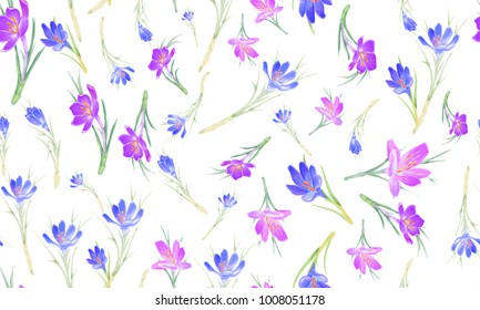 Floral seamless pattern with violet and blue crocus flowers. Vector design for cosmetics, fabric, wrapping and greeting card.