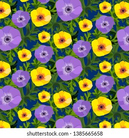 A floral seamless pattern with violet (blue) and yellow poppy flowers with green leaves 