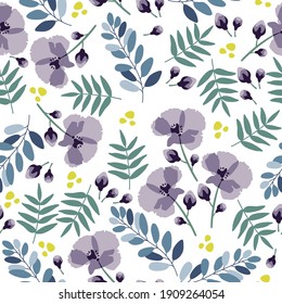 A floral seamless pattern with violet field poppies, leaves and yellow dots.