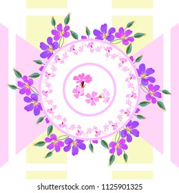 floral seamless pattern violet flowers in a circle on abstract geometric yellow  pink background