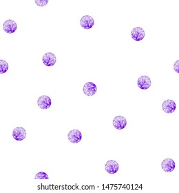 Floral seamless pattern with violet flowers in circle on white background. Vector illustration for fabric, textile, wallpaper, posters, card, wrapping paper. Abstract background with polka dots.