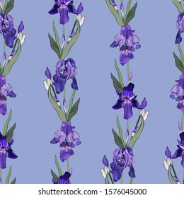 Floral seamless pattern with violet flowers and green leaves on blue. Hand drawn. Background with purple irises for your design, prints, textile, web pages. Realistic style. Vector stock illustration.