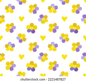 Floral sin costura con flores violeta y corazones amarillos. Fondo de vector de corte.