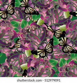 Floral seamless pattern with violet flowers, green leaves and gold butterflies. Abstract flowery background. Modern flourish wallpaper.Endless elegant bright floral texture.Flowers pattern.