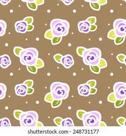 Floral seamless pattern. Violet and green colors. Roses and leaves on kraft background.