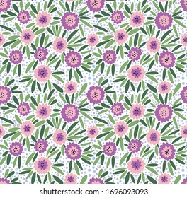 Floral seamless pattern of violet, pink flowers. Abstract pattern of natural materials