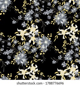 Patrón floral sin foco con flores violetas y margaritas. Elementos pequeños para impresión, textil, lino. Patrón bonito para envolver papel. Flores salvajes vectoriales. Un reportaje colorido al estilo retro.